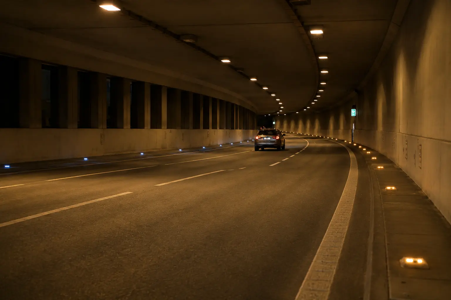 Tunel Pisárky s vodicími světly podél vozovky